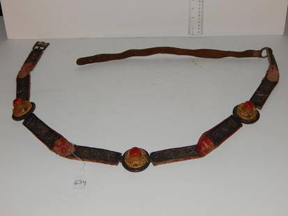 Decorative Tibetan belt with brass, bronze & silver: Decorative Tibetan belt with brass, bronze & silver decoration, overall condition is good, though minor deterioration, 48"L ref.#634