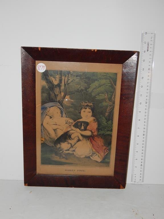 Four framed lithographs, "no song no supper" by Horace: Four framed lithographs, "no song no supper" by Horace Thayer, "Emma" by Currier & Ives, "my little playfellow" by J. Baillie & "Mama's Pets" by N. Currier yellowing, veneer loss to the frame & a crac