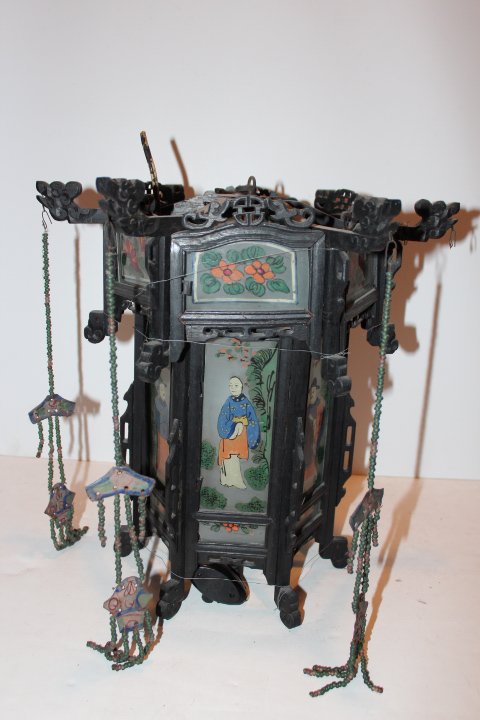 Two Oriental lanterns, wooden frames with hand painted: Two Oriental lanterns, wooden frames with hand painted glass panels both are 14"H no ref.#