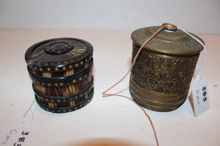 Six pieces, brass string holder 3 1/4"H, wooden covered: Six pieces, brass string holder 3 1/4"H, wooden covered box with inlay & porcupine quill decoration damage to the top 2 1/2"H, figural metal bottle opener 3 1/4"L made in Greece, brass Islamic temple