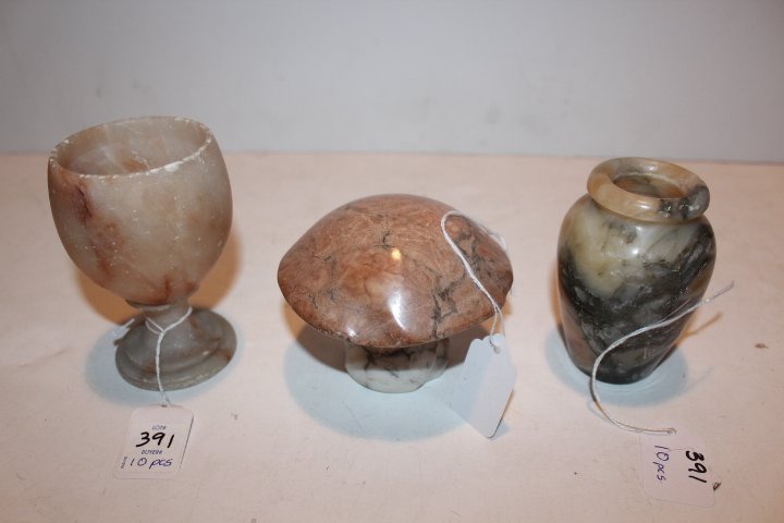 Ten pieces, six pieces of Italian marble to include: Ten pieces, six pieces of Italian marble to include three vases, small bowl, figure of a girl & a paperweight, three pieces of alabaster cup, vase & a mushroom paperweight also a small onyx bowl no re