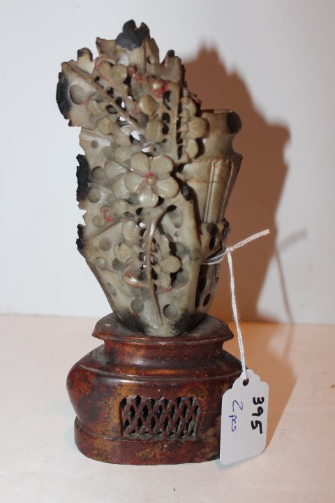 Two pieces, carved soapstone vase 7 1/2"H & an: Two pieces, carved soapstone vase 7 1/2"H & an alabaster carved face 3 1/4" x 4 1/4" no ref. #