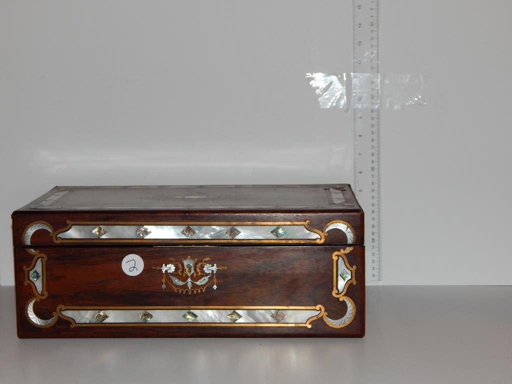 Early wooden box with velvet covered & applied: Early wooden box with velvet covered & applied decoration, on either end are two oval porcelain inserts with ahnd painted courting scenes, the outer covering is in worn condition ref. #3