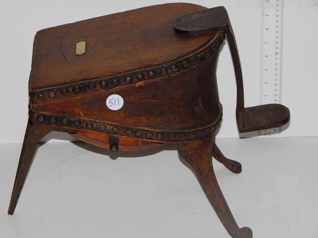 Very unusual foot operated wood and leather bellows,: Very unusual foot operated wood and leather bellows, labal reads R.B. Turner & co. ref.#511