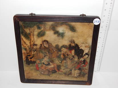 Painting on possibly marble or some type of hard: Painting on possibly marble or some type of hard surface of Chinese immortals with characters on back 12 3/4" x 12 3/4" in original wooden frame ref.#258