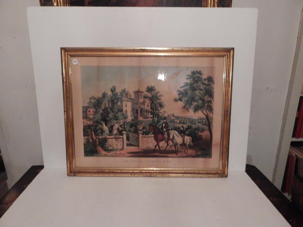 American country life May morning by N. Currier in a: American country life May morning by N. Currier in a gold decorated wood frame, frame is 23 1/2" x 30" minor stains, lithograph is a large folio ref.#1310
