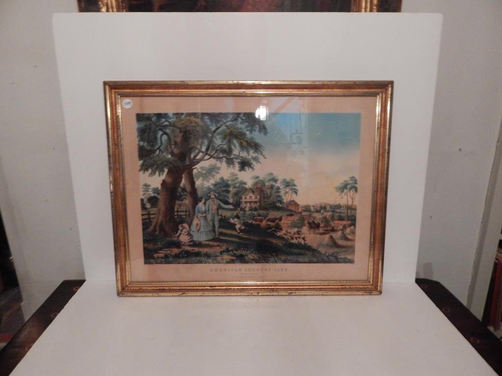 American country life Summers evening by N. Currier in: American country life Summers evening by N. Currier in a gold decorated wood frame, frame is 23 1/2" x 30" minor stains, lithograph is a large folio ref.1309
