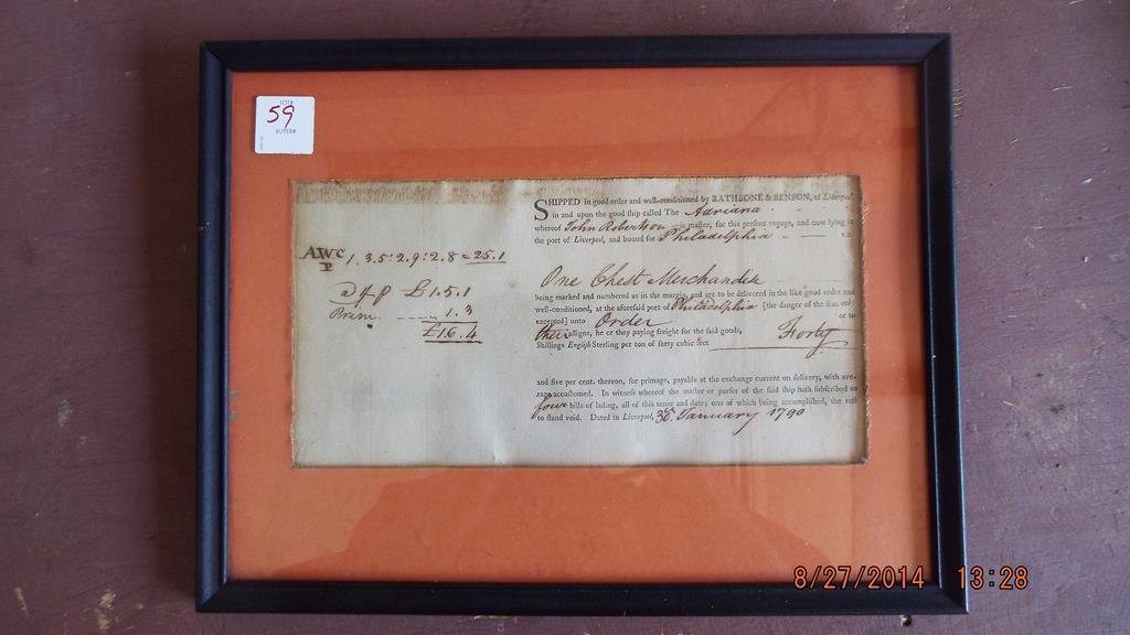 Early framed shipping receipt, shipped one chest of: Early framed shipping receipt, shipped one chest of merchandise from Liverpool to Philadelphia for the amount of 40 shillings January 30th 1790 condition is good, frame is 9 3/4" x 12 3/4" no ref.#