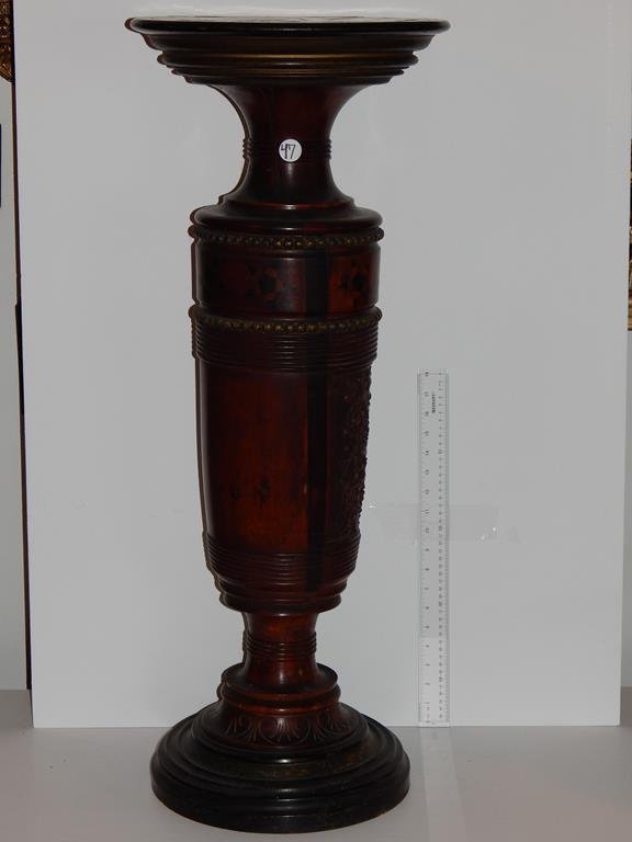 Carved wooden pedestal , possibly English late 19th: Carved wooden pedestal , possibly English late 19th century, inlaid marquetry top, column has a split approximately 21" in length, top 14"D 36"H ref.#47