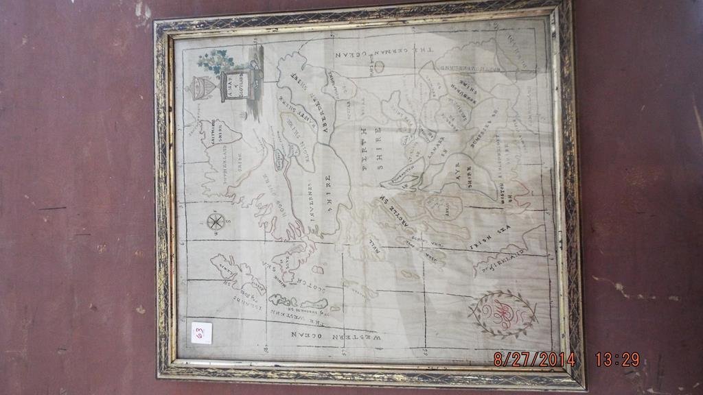 Framed map of Scotland on what appears to be silk, all: Framed map of Scotland on what appears to be silk, all hand done, depicts the German ocean, Scotch sea, Western ocean, different burgs, latitude & longitude, condition is good, 17 1/2" x 19 1/2" no re