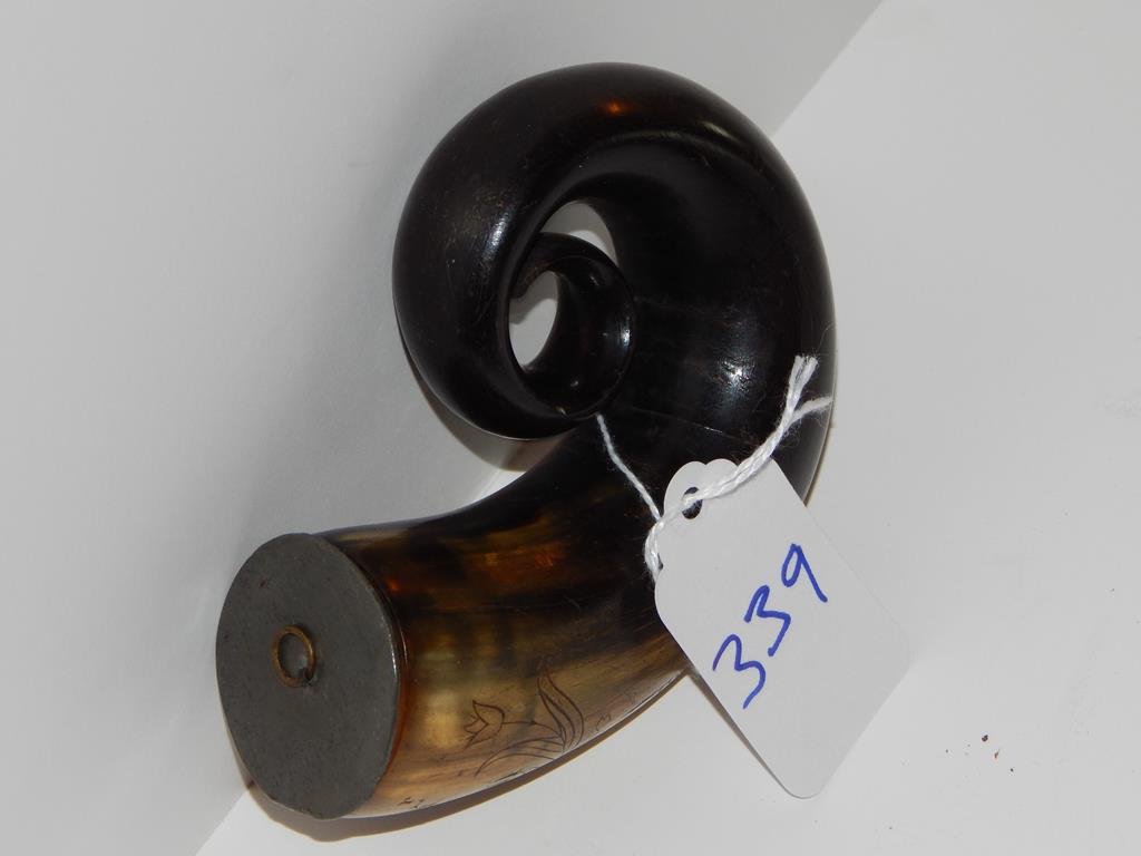 Scottish tobacco horn, mkd. Alex Orom additional: Scottish tobacco horn, mkd. Alex Orom additional carving to include foliage, crown, heart etc. approximately 3" x 3" ref.#339