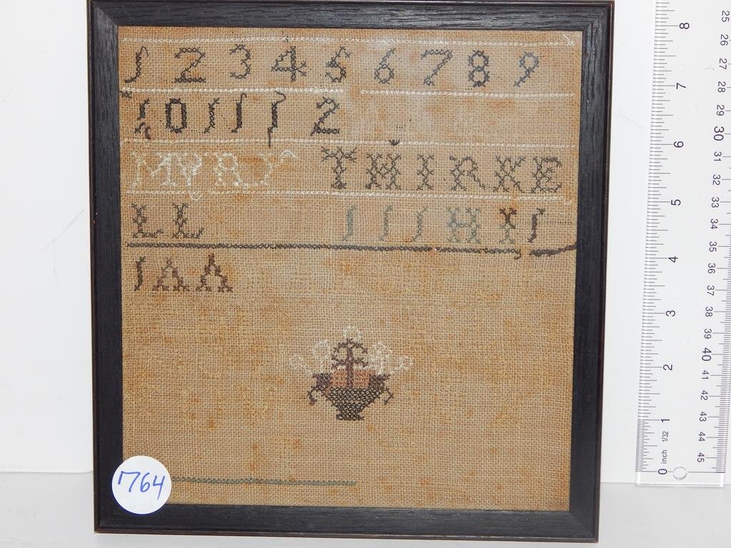 Two samplers, alphabets, numbers, foliage Eliz. III: Two samplers, alphabets, numbers, foliage Eliz. III Rimell 1817, good condition 6" x 6 1/4", numbers, alphabet, flower basket, faded 8 1/4" x 8 3/4" ref.#763, 764