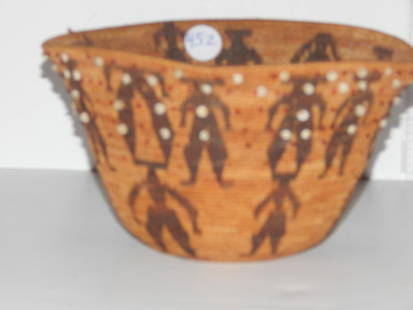 Tightly woven native American basket with beaded: Tightly woven native American basket with beaded decoration and dyed figures, good condition, 5 1/4"H 9 1/2"W ref.#452