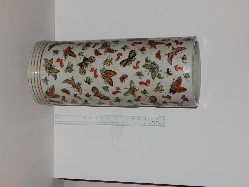 Oriental umbrella holder decorated with various: Oriental umbrella holder decorated with various butterflies, 24"H opening is 8 3/4"D good condition, ref.#241
