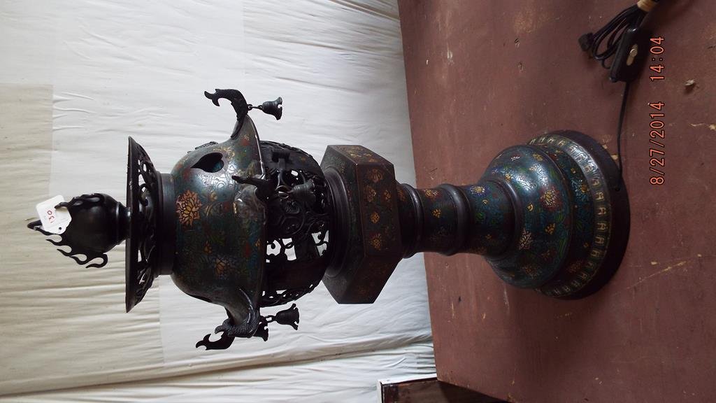Japanese champlevé and bronze lantern, 36"H, overall: Japanese champlevé and bronze lantern, 36"H, overall condition is good though near the top a bird has separated from the lantern, mid-19th century, comes apart in three sections ref.#1414