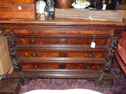 Four drawer chest with carvings, possibly Italian,: Four drawer chest with carvings, possibly Italian, imperfections, 25 1/2"D 55 1/2"W 35" ref.#907