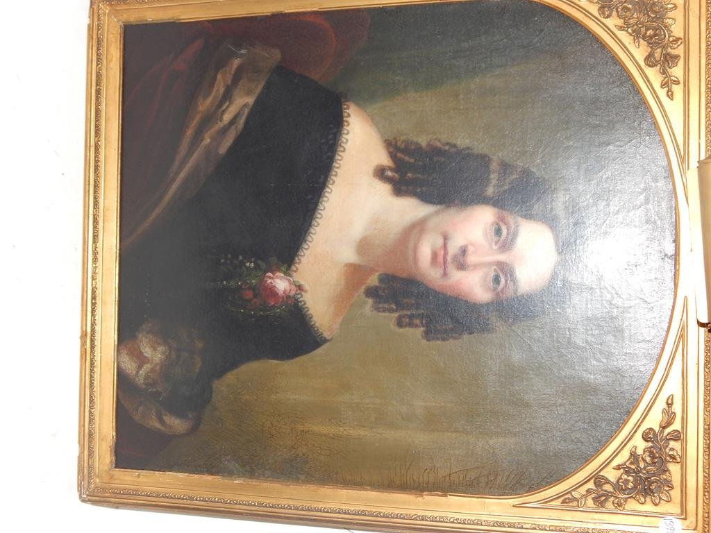Portrait of a woman, oil on canvas 19th century,: Portrait of a woman, oil on canvas 19th century, condition is good, frame is 28 3/4" x 33 1/2" frame is in worn condition, canvas is 25" x 30" ref.#1397
