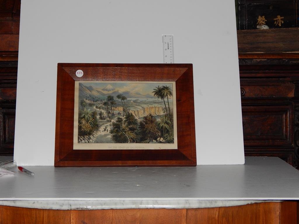 Four Lithographs, "catterskill falls" by Currier & Ives: Four Lithographs, "catterskill falls" by Currier & Ives in a period frame, "Independence Hall, Philadelphia 1776" by Currier & Ives minor stains, "on the coast of California" by Currier & Ives in a ma