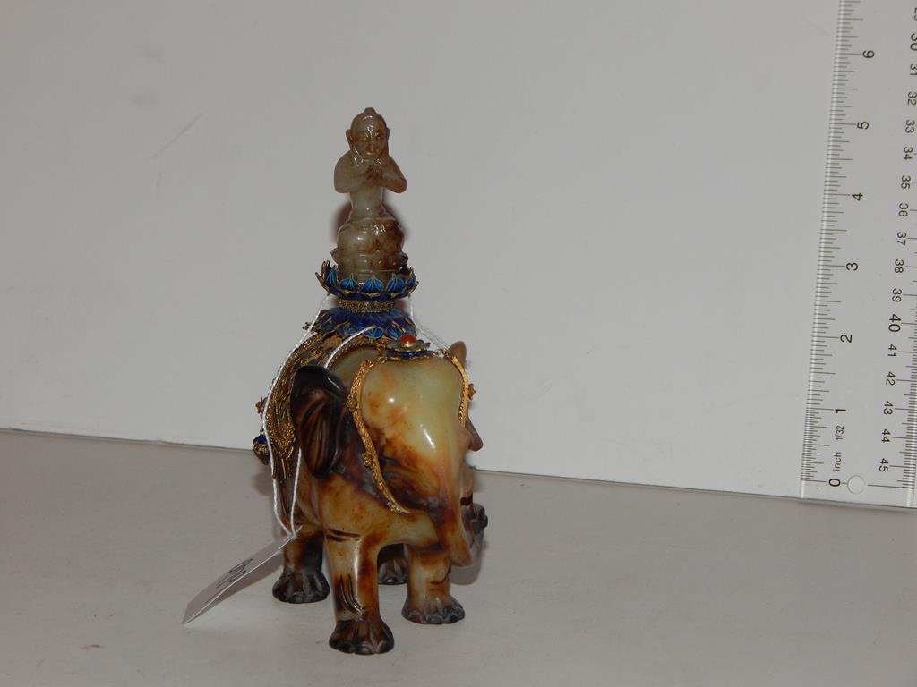 Carved soapstone elephant with brass filigree and: Carved soapstone elephant with brass filigree and enamel decoration, 6"H ref.#979