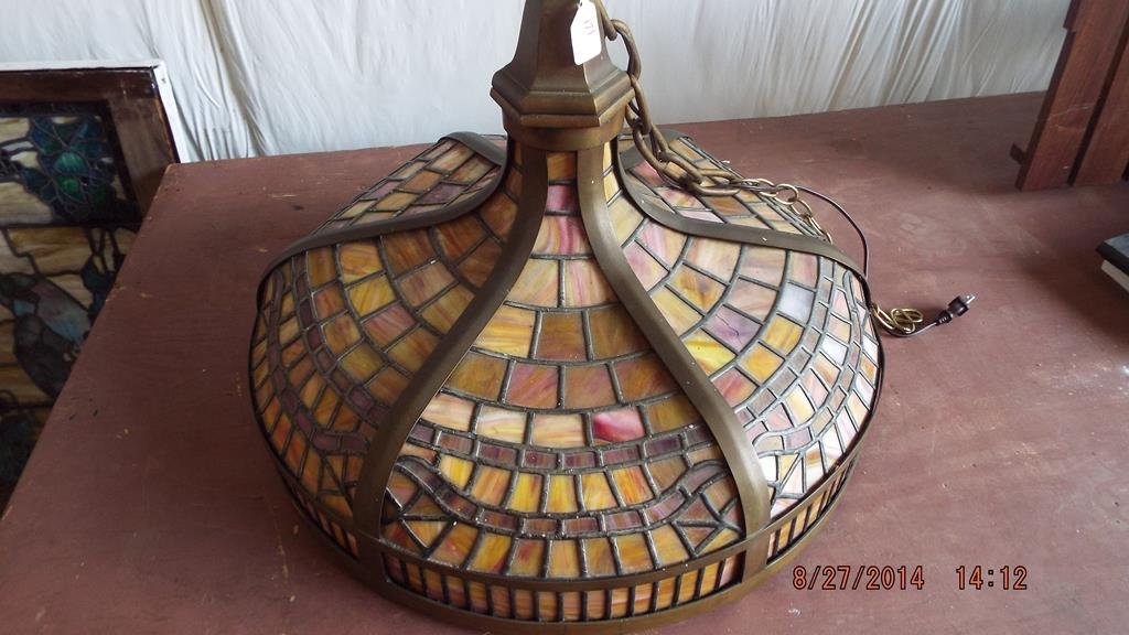 Leaded glass hanging lamp with brass reinforcement,: Leaded glass hanging lamp with brass reinforcement, hung in the Benner kitchen, good condition, 24"D no ref.#