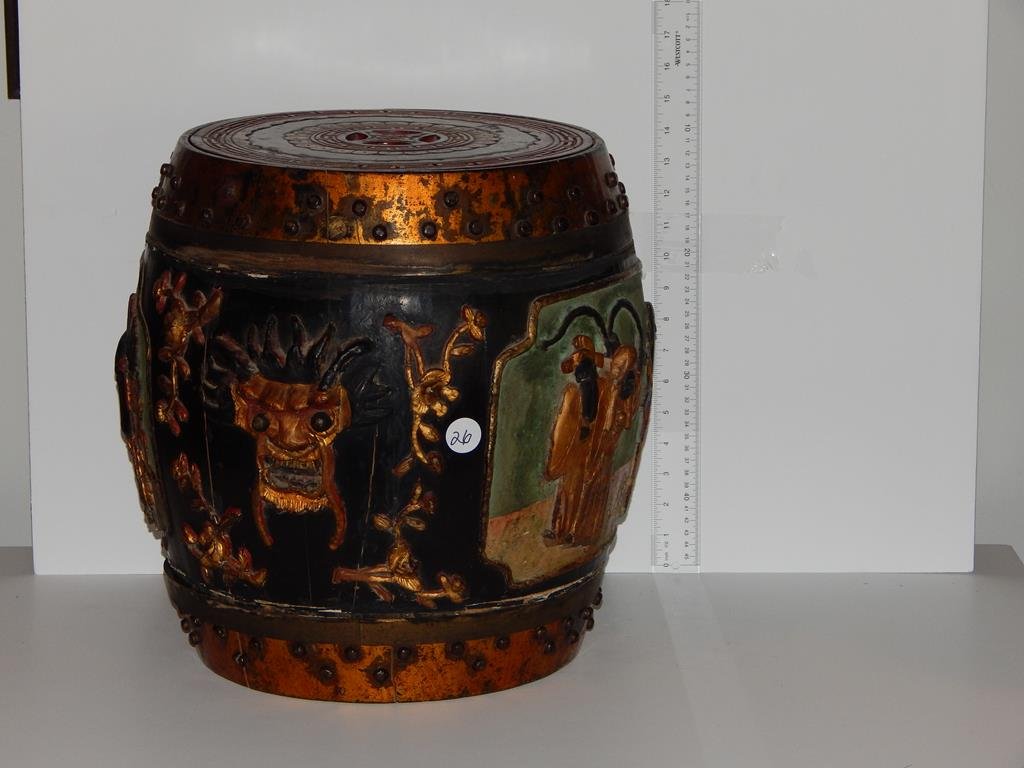 Two highly carved wooden Chinese tea barrels, great: Two highly carved wooden Chinese tea barrels, great patina and retains the majority of the original paint, lids due come off, 15 1/2"H top 12"D ref.#26,27