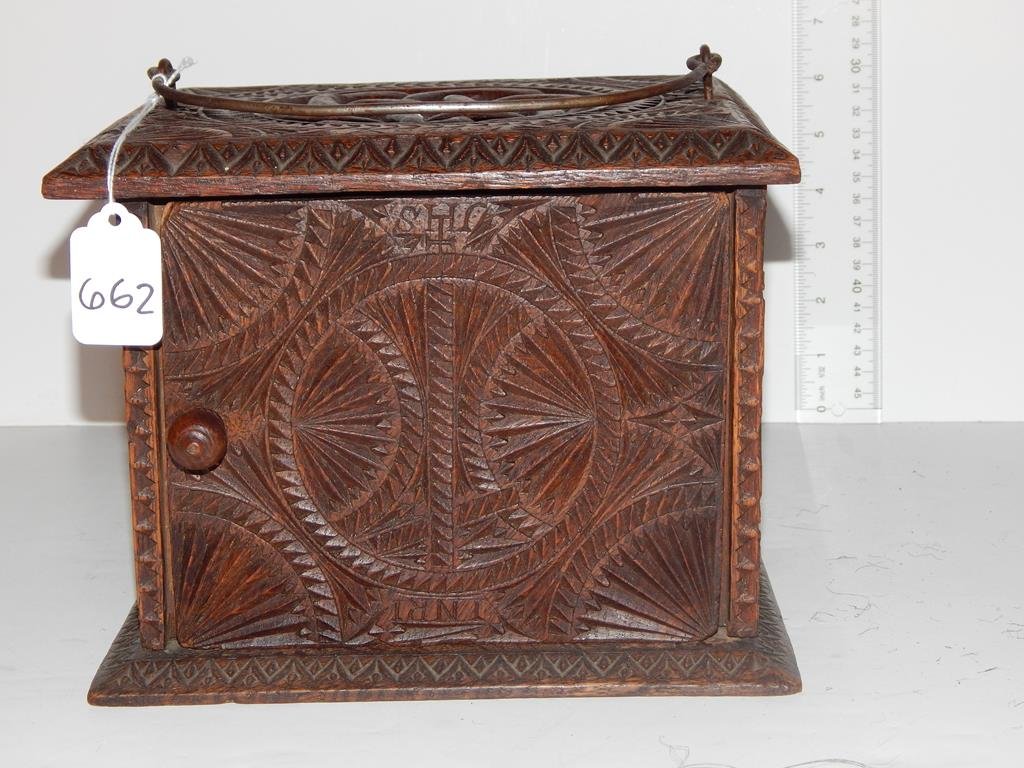 Very elaborately chipped carved wooden foot warmer,: Very elaborately chipped carved wooden foot warmer, wire bail handle, single door with turned wooden knob, mkd. INRI JHS condition is good, two minor splits in the top 7"H, base is 8" x 9" ref.#662