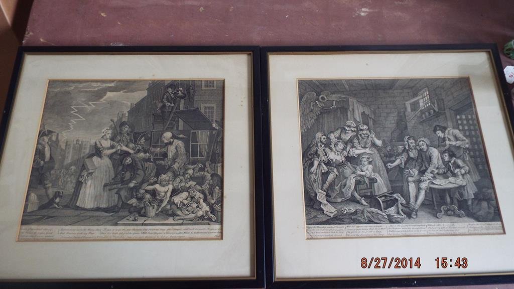 Eight William Hogarth (British 1697-1764) engravings,: Eight William Hogarth (British 1697-1764) engravings, "the rakes progress", condition is good, frame size 20" x 21" engraving size 13 1/2" x 15" no ref.#