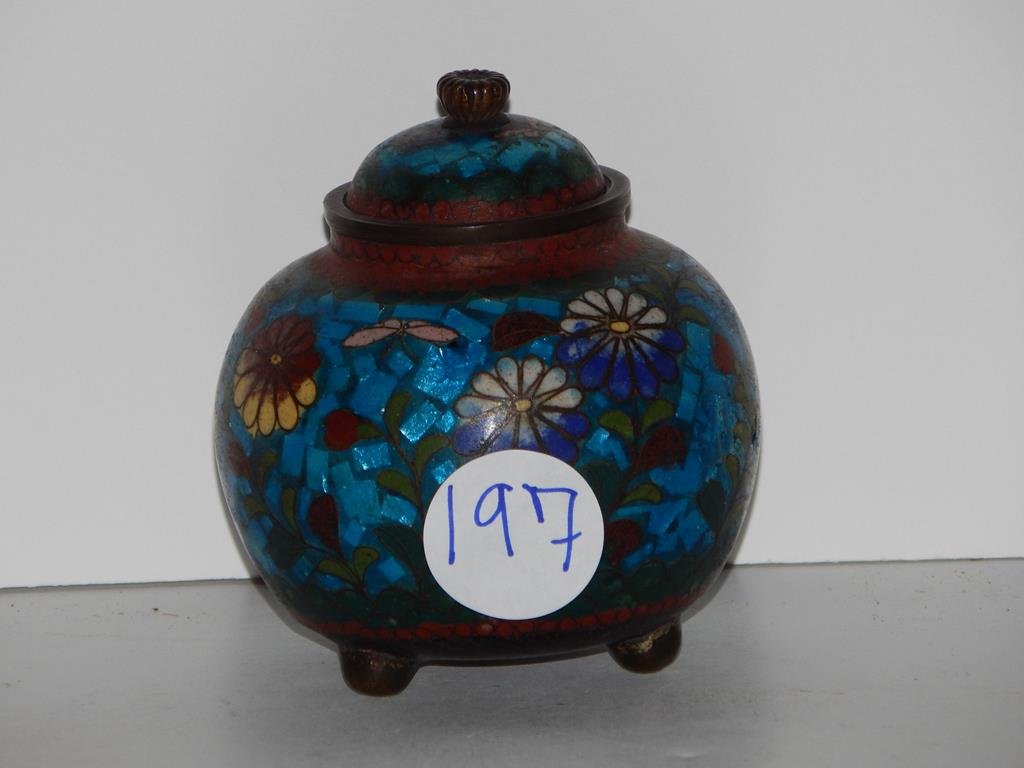 Three pieces, pair of 6 1/4"H cloisonné vases and a: Three pieces, pair of 6 1/4"H cloisonné vases and a cloisonné covered jar 3 1/2"H, condition is good with all three pieces, ref.#986,197