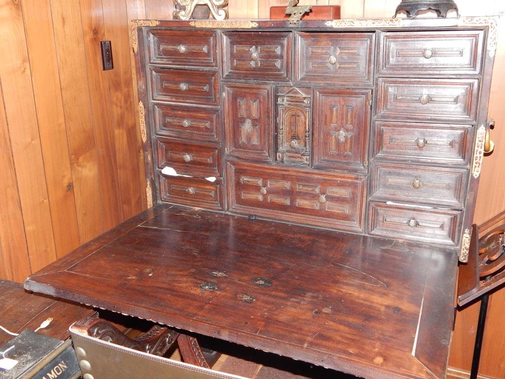 17th century Spanish Vargueno, very rare, 59"H 42 1/2"W: 17th century Spanish Vargueno, very rare, 59"H 42 1/2"W 17"D, single drop front door, when opened creates the writing surface and an interior full of drawers and storage, good condition, hand wrought 