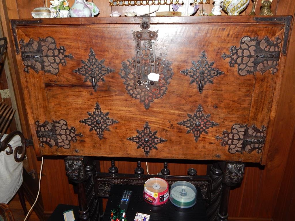 16th century Spanish Vargueno, very rare, 58"H 41"W 18: 16th century Spanish Vargueno, very rare, 58"H 41"W 18 1/2"D, single drop front door, when opened creates the writing surface and an interior of drawers and storage, good condition, hand wrought iron 