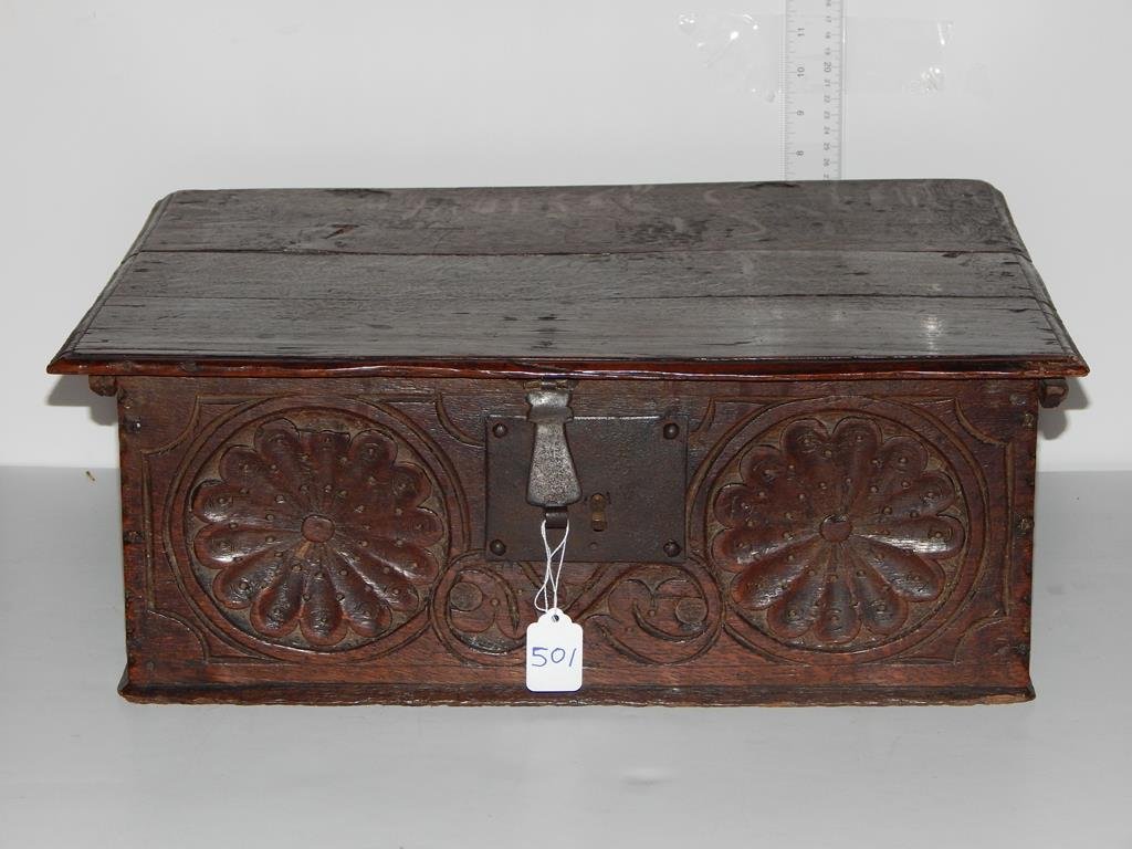 17th century wooden bible box, probably oak, hand: 17th century wooden bible box, probably oak, hand wrought iron strap hinges and original lock simple carving in the front panel, no key top is 16 3/4" x 20 1/4" 7 1/4"H ref.#501