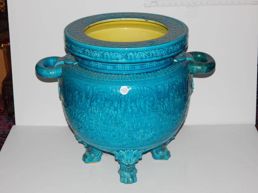 Large Chinese garden pot, gargoyle & paw feet, hairline: Large Chinese garden pot, gargoyle & paw feet, hairline crack in bottom 16"D 20"H ref.#488