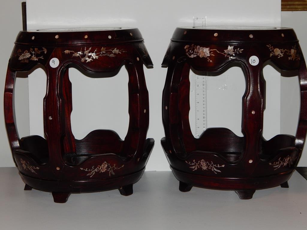 Pair of Oriental teak wood stands with heavy mother of: Pair of Oriental teak wood stands with heavy mother of pearl inlay and decoration, 18"H, top 12 1/2"D, condition is good ref.#9,10