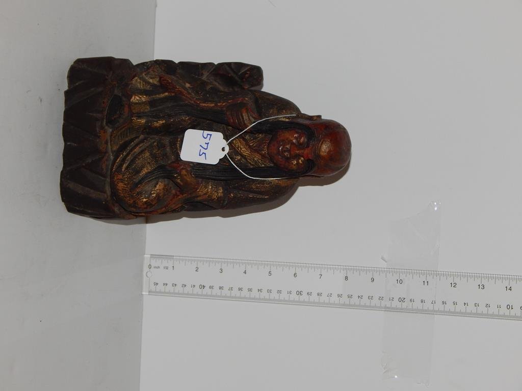 Carved wooden Chinese figure, traces of the original: Carved wooden Chinese figure, traces of the original paint, wood is in good condition 10"H ref.#575