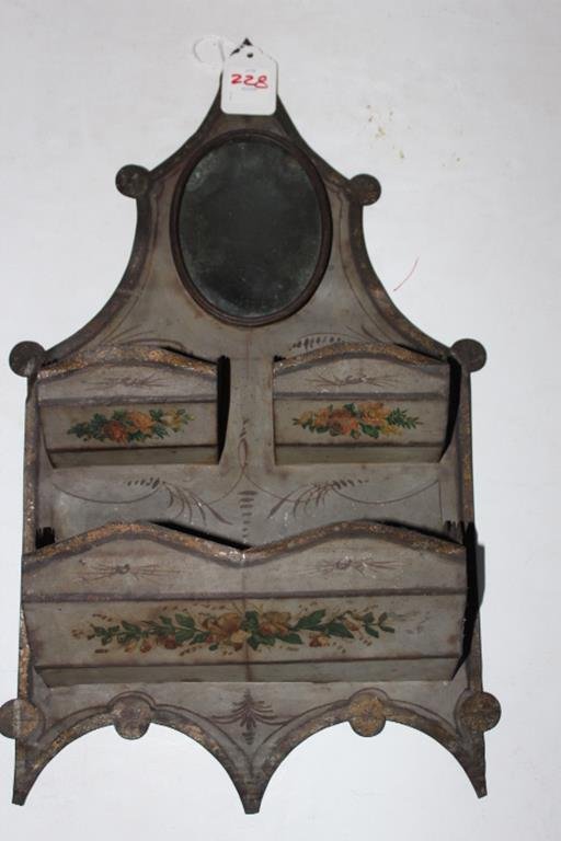 Early tin hanging comb holder with mirror, retains: Early tin hanging comb holder with mirror, retains original decoration 17"H no ref.#