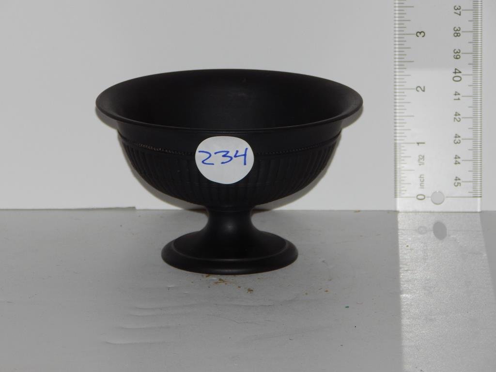Four pieces of signed Wedgwood black basalt, pair of: Four pieces of signed Wedgwood black basalt, pair of matching bowls 2 1/4"H 4 1/4"D, vase 4 1/4"H and a pedestal dish 2 3/4"H, condition is good ref.#234,635,978