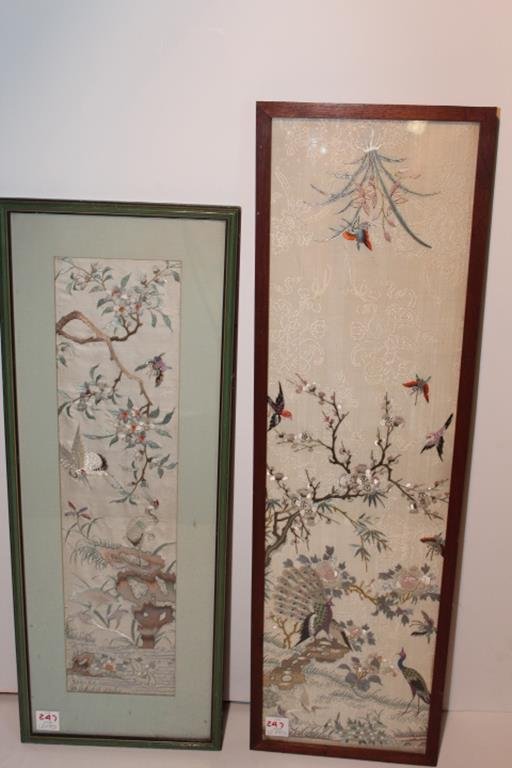 2 oriental embroidered panels, very detailed, frames: 2 oriental embroidered panels, very detailed, frames are 8 3/4" x 23 1/4" vintage Marshall Field and company sales sticker on back, the other is 8" x 27" condition is good no ref.#