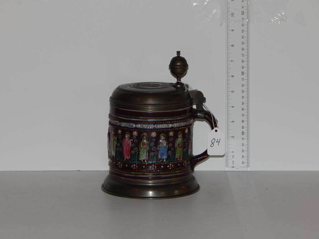 Apostolic stein with pewter hinged lid and base,: Apostolic stein with pewter hinged lid and base, depicts the apostles with their names, marked by illegible, 8 3/4"H ref.#84