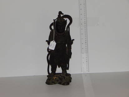 Two oriental statues, spelter type on a wooden base 12: Two oriental statues, spelter type on a wooden base 12 1/2"H and a heavy possibly bronze warrior 14 1/2" ref.#62,572