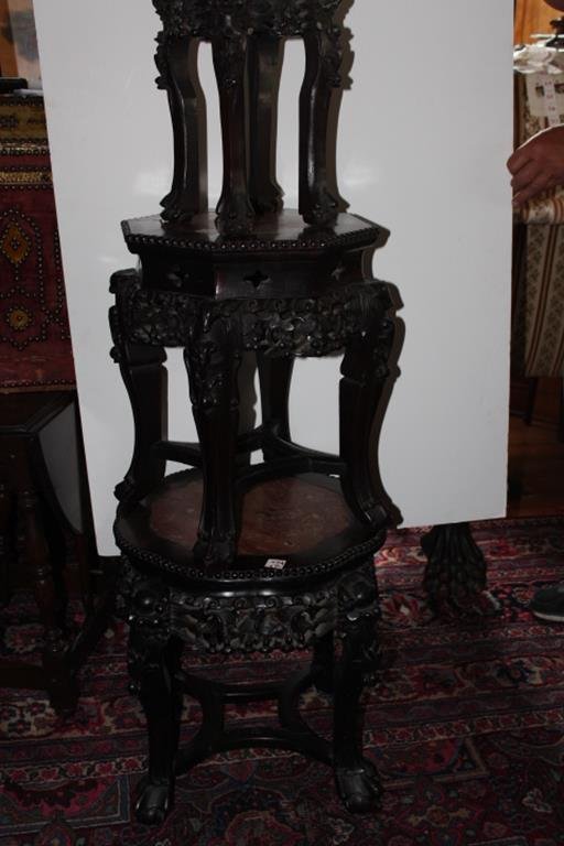 Three highly carved teak stands all with marble inset: Three highly carved teak stands all with marble inset tops, 14"H 8"D, 18"H 14"D, 18"H 17"D overall condition is good no ref.#