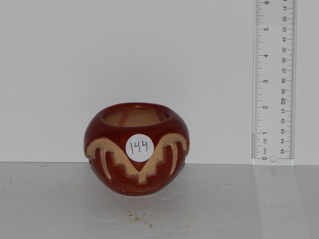 Three pieces of pottery, Native American Santa Clara: Three pieces of pottery, Native American Santa Clara vase sgnd. Margaret Jofoya 2 3/4"H, pre-Columbian serpent pot, Chihuahua Mexico 800-1200 AD 1 3/4"H 3 1/2"D and a Native American decorated pot 2 1