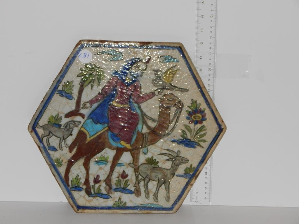 Eight Persian hand painted terracotta tiles, crazing: Eight Persian hand painted terracotta tiles, crazing and wear, 4-4" x 4", 5" x 7 1/2", oval 8" x 11 ¾", 9 3/4" x 13 3/4" and 12 1/2" x 14" ref.#281,285,286,287,288,289,1387,1388