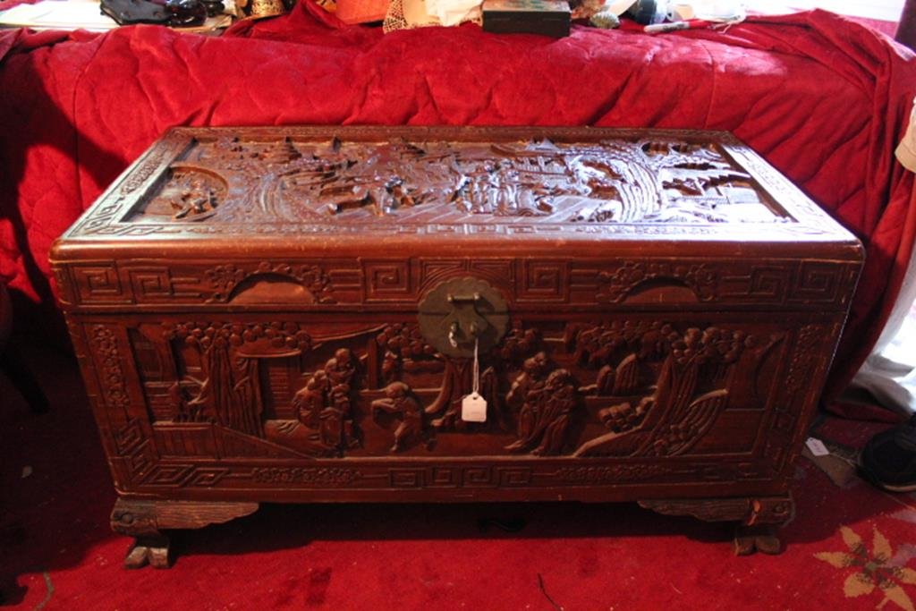 Highly carved oriental trunk, Mr. Benner purchased this: Highly carved oriental trunk, Mr. Benner purchased this trunk in Shanghai in 1946 19"H 35 ¾"L 17 3/4"D, minor damage, no ref.#