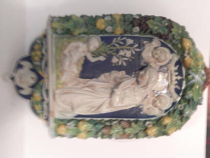 Italian majolica plaque of Madonna and Jesus with: Italian majolica plaque of Madonna and Jesus with angels, Andrea della Robbia after 1435-1525 18" x 28" ref.#1488