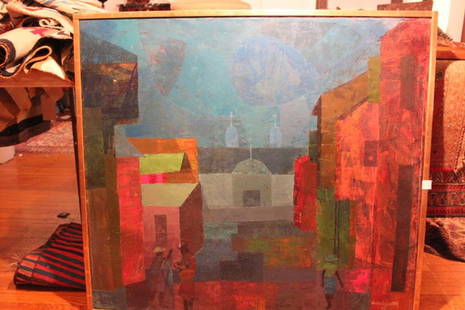 Abstract oil on canvas of a street scene, by Antonio: Abstract oil on canvas of a street scene, by Antonio Joseph Haitian 1921- , painting dated 1961 no ref.#