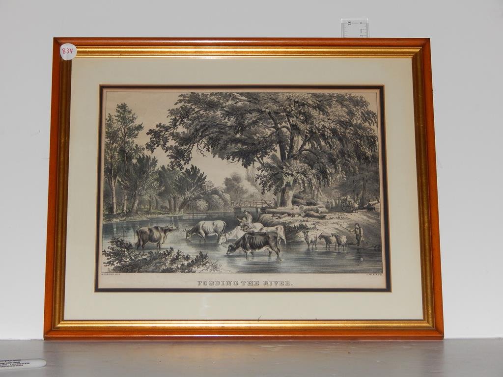 Four framed lithographs, "My boyhood's home" by Currier: Four framed lithographs, "My boyhood's home" by Currier & Ives, "The home of the deer" by Currier & Ives, "View down the Ravine" at Trenton Fall's, by Currier & Ives and "Fording the river" by N. Curr