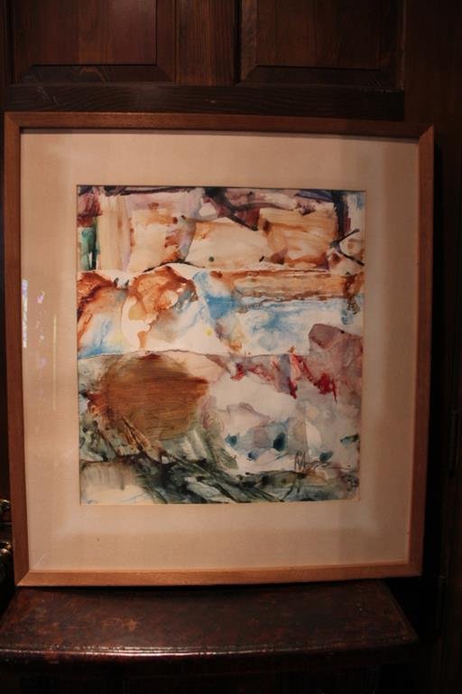 Abstract watercolor by Joe Moss West Virginia/American: Abstract watercolor by Joe Moss West Virginia/American 20th century, frame is 28" x 31", watercolor is 19" x 21" no ref.#