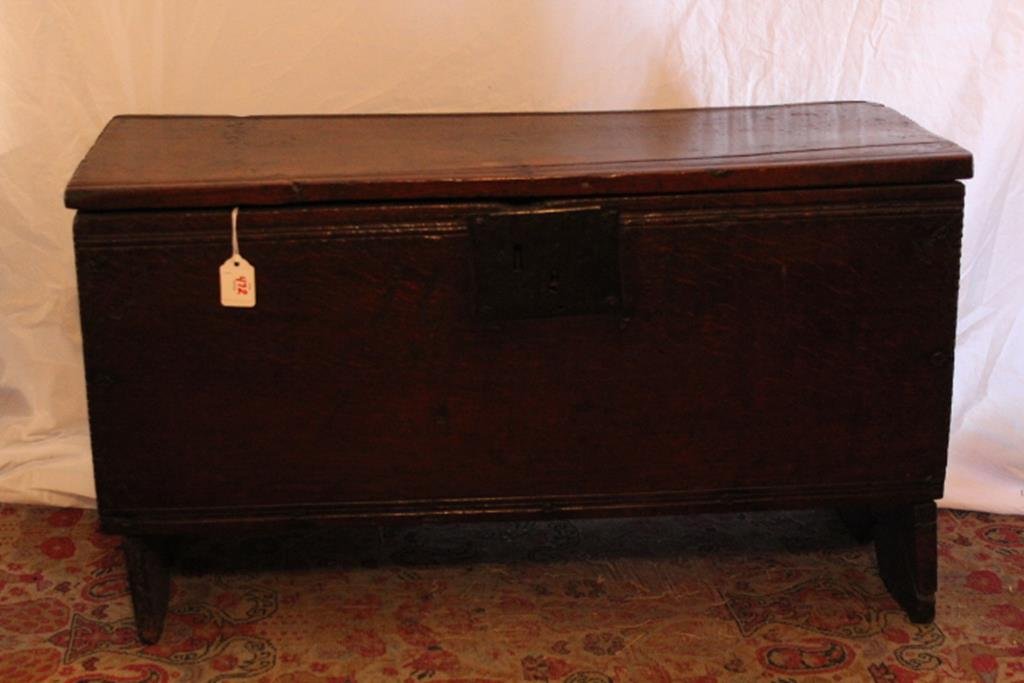 Early wooden blanket box, with original hand forged: Early wooden blanket box, with original hand forged iron strap hinges, lock and escutcheon, 17"H 30"W 11 1/2"D no ref.#