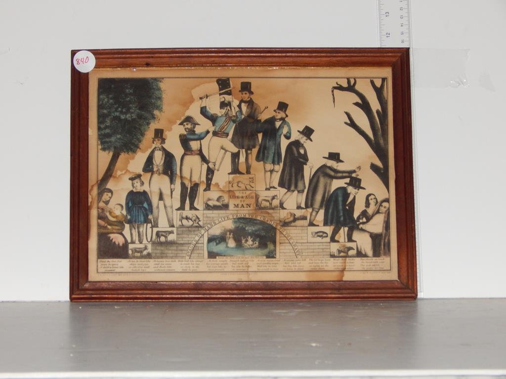 Three framed lithographs, "the life and age of man" by: Three framed lithographs, "the life and age of man" by Kellogg stains, "the life & age of Woman" by Kellogg minor stains and "the seven stages of matrimony" no publishers name found stains, approximat