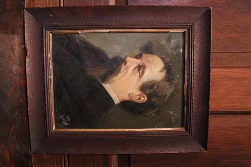 Oil painting on academy board by C. Squire, portrait of: Oil painting on academy board by C. Squire, portrait of Charles Dickens frame is 12 3/4" x 15 3/4" painting is 8 1/2" x 11 1/2" frame is damaged no ref.#